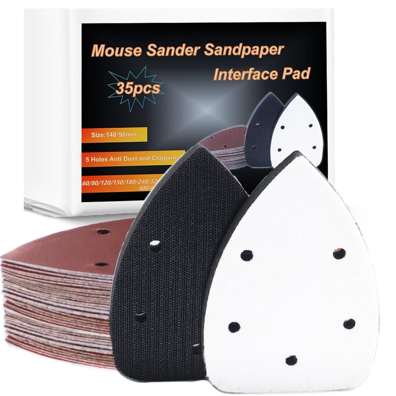 CKFCXC 33pcs Sand Paper Mouse Sander Sandpaper 60-1500 Grits with 2pcs Detail Sander Paper Interface Pad Hook and Loop Triangle Sanding Pads with 5 Holes for 140mm Sanding Machine - Image 1